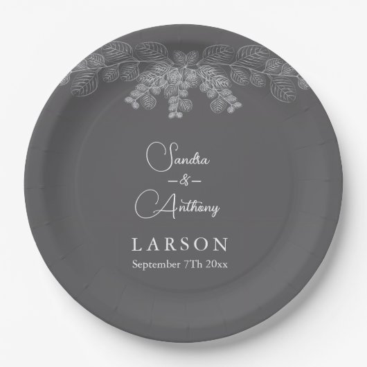 Simple Gray Line Art Eucalyptus Wedding Napkins Pappteller (Vorderseite)
