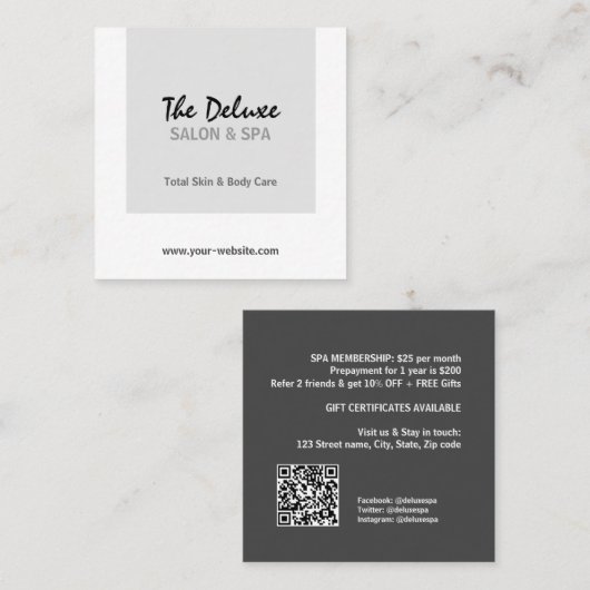 Simple Gray Square Wellness-Center Quadratische Visitenkarte (Vorne/Hinten)