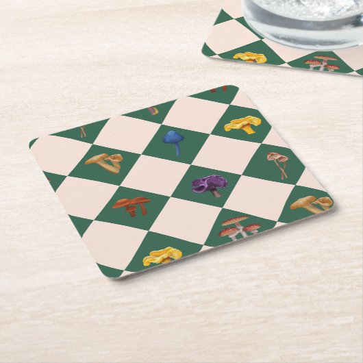 Simple green check with mushrooms rechteckiger pappuntersetzer (angewinkelt)