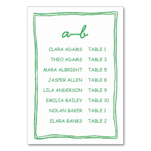 Simple Green Doodle Wedding Seating Chart Card Tischnummer (Vorderseite)