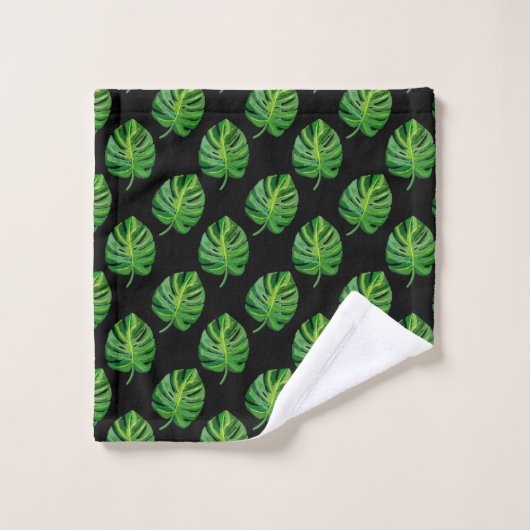 Simple Green Monstera Leaf Pattern on Black Badhandtuch Set (Waschlappen)