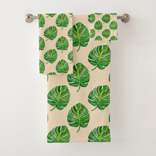 Simple Green Monstera Leaf Pattern on Light Beige Badhandtuch Set (Insitu)