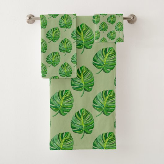 Simple Green Monstera Leaf Pattern on Sage Green Badhandtuch Set (Insitu)