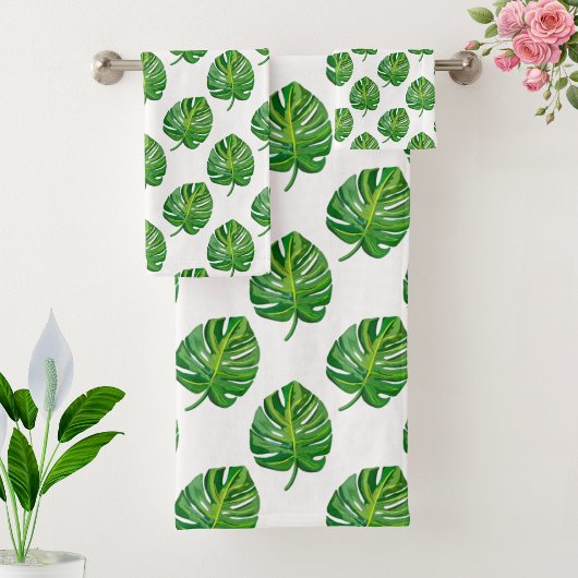 Simple Green Monstera Leaf Pattern on White Badhandtuch Set