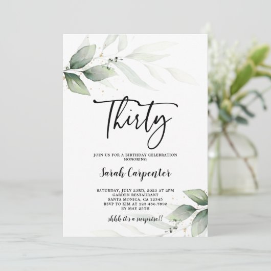 Simple Greenery 30. Geburtstag Einladung (Stehend Vorderseite)