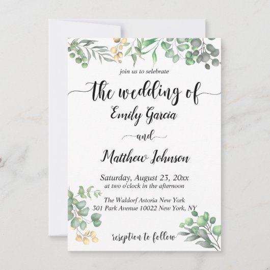 Simple Greenery Bloral Eucalyptus Wedding Invitati Einladung (Vorderseite)