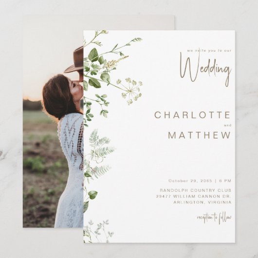 Simple Greenery Couple Foto Wedding Einladung (Vorne/Hinten)