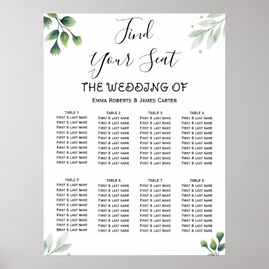 Simple Greenery Elegant Wedding Seating Chart Poster (Vorne)