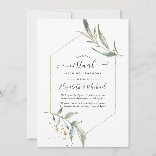 Simple Greenery Geometric Online Virtual Wedding Einladung (Vorderseite)