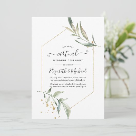 Simple Greenery Geometric Online Virtual Wedding Einladung (Stehend Vorderseite)