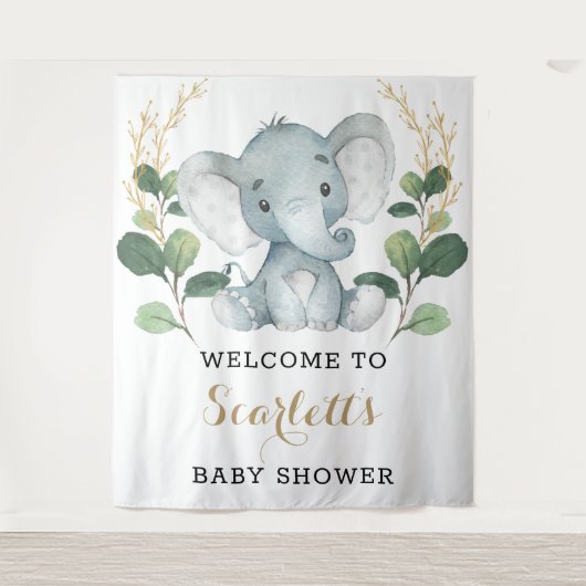 Simple Greenery Gold Elephant Baby Dusche Willkomm Wandteppich (Vorderseite)