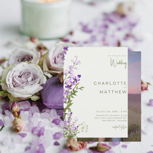 Simple Greenery Lavender Couple Foto Wedding Einladung