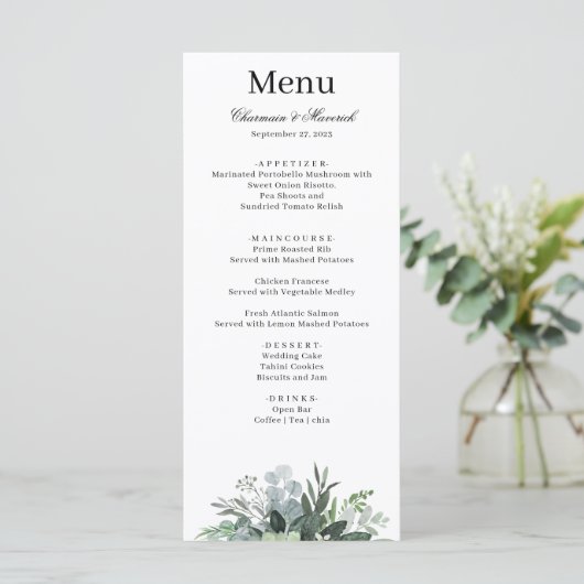 Simple Greenery Leaf Wedding Menu Menükarte (Stehend Vorderseite)