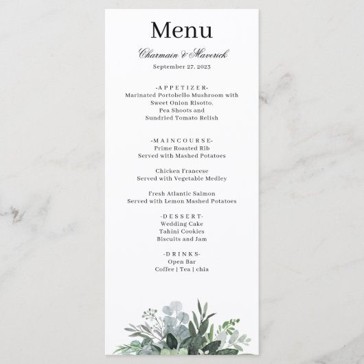 Simple Greenery Leaf Wedding Menu Menükarte (Vorderseite)