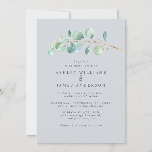 Simple Greenery Light Blue Wedding Einladung (Vorderseite)