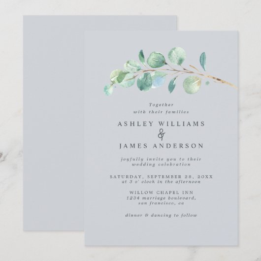 Simple Greenery Light Blue Wedding Einladung (Vorne/Hinten)