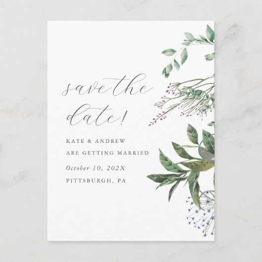 Simple Greenery Meadow Wedding Save the Date Postkarte (Vorderseite)