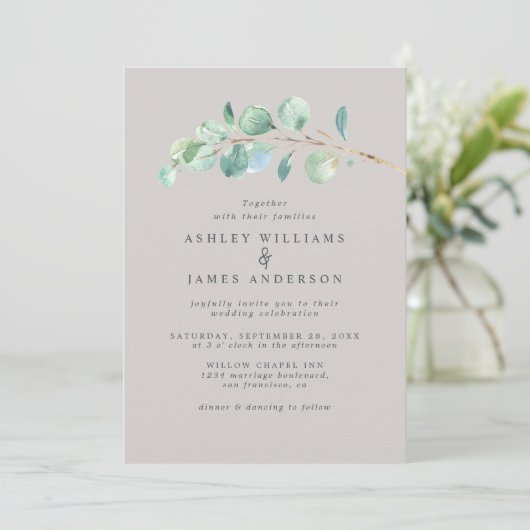 Simple Greenery Pastel Gray Wedding Einladung (Stehend Vorderseite)