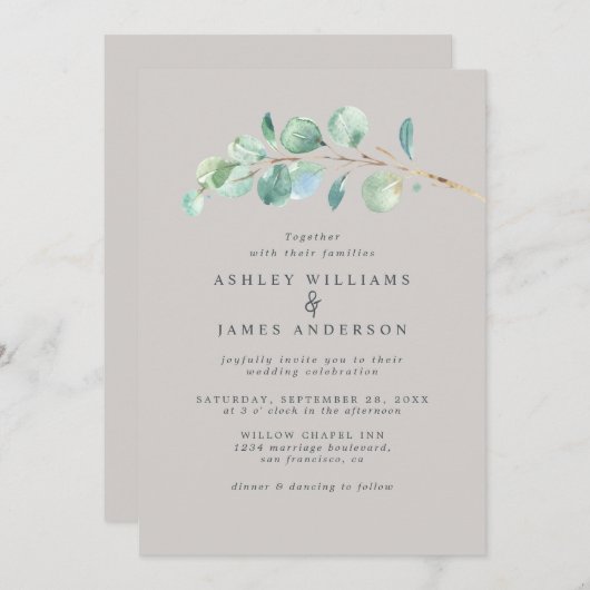 Simple Greenery Pastel Gray Wedding Einladung (Vorne/Hinten)