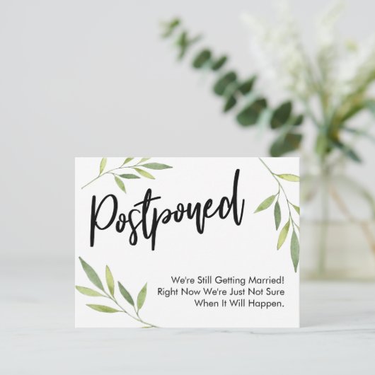 Simple Greenery Postponed Wedding Update Postkarte (Stehend Vorderseite)