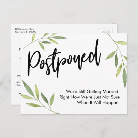 Simple Greenery Postponed Wedding Update Postkarte (Vorne/Hinten)