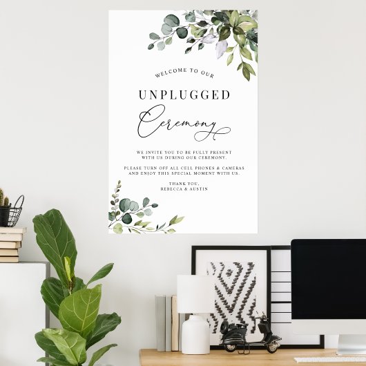 Simple Greenery Wedding Unplugged Zeremonie Poster (Heimbüro)