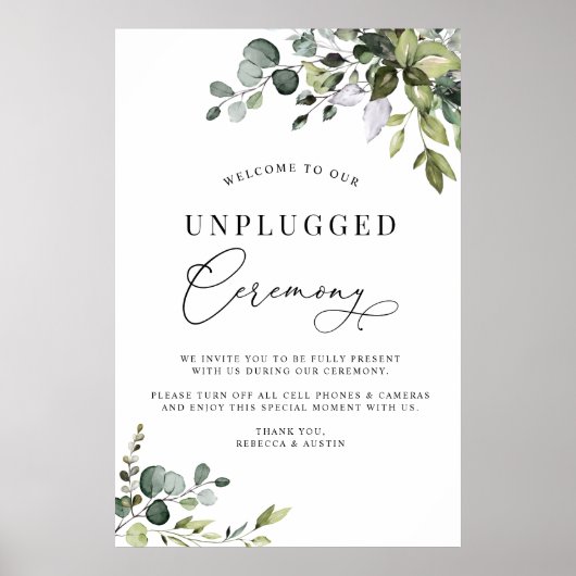 Simple Greenery Wedding Unplugged Zeremonie Poster (Vorne)