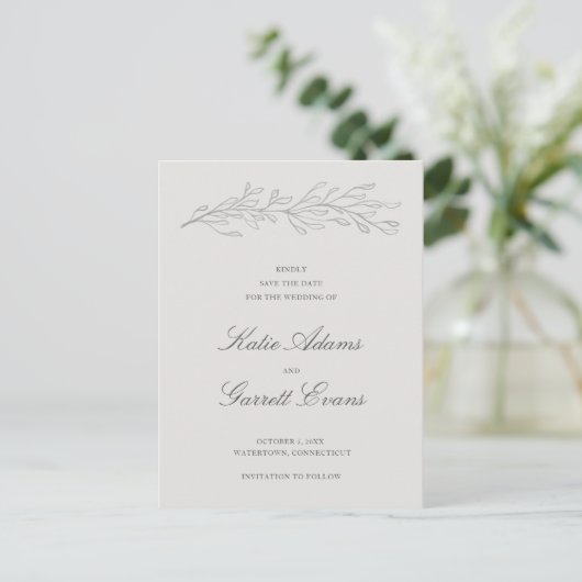 Simple Grey Elegant Wedding Save the Date Ankündigungspostkarte (Stehend Vorderseite)
