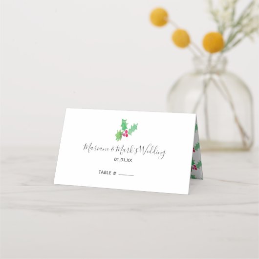 Simple Hand Watercolor Red Holly Berry Weihnachten Platzkarte (Vorderseite)