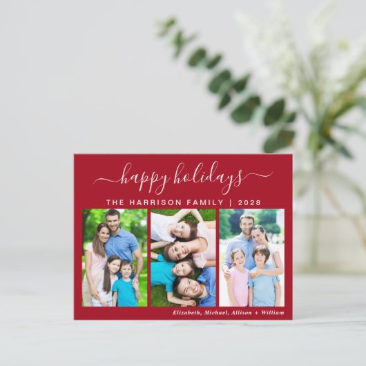 Simple Happy Holidays 3 Foto Holiday Postkarte (Stehend Vorderseite)