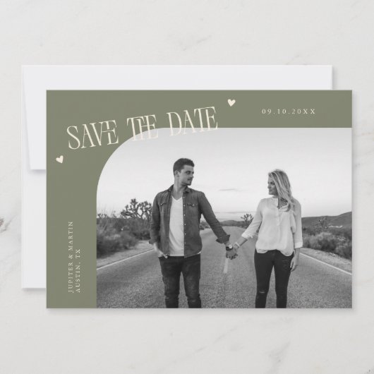 Simple Heart Sage Green Curved Frame Photo Save The Date (Vorderseite)