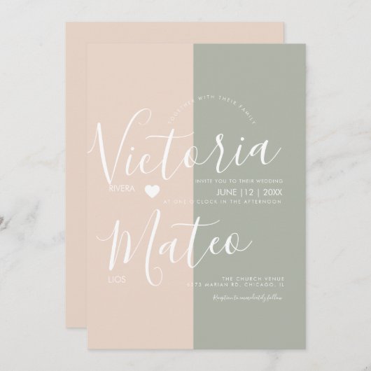 Simple Heart Script Typografy Sage Pink Wedding Einladung (Vorne/Hinten)