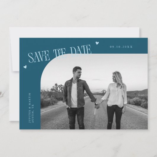 Simple Heart Teal Curved Frame Photo Save The Date (Vorderseite)