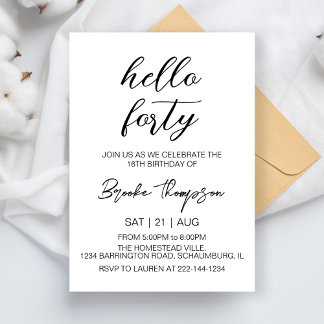 Simple Hello 40. Geburtstag Party 40 Jahre alt Einladung