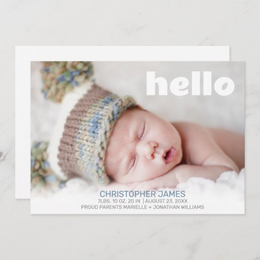 Simple Hello Blue Script White Back Baby Boy Foto Ankündigung (Vorne/Hinten)