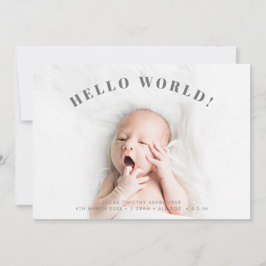 Simple Hello World Foto Polka Birth Ankündigung (Vorderseite)