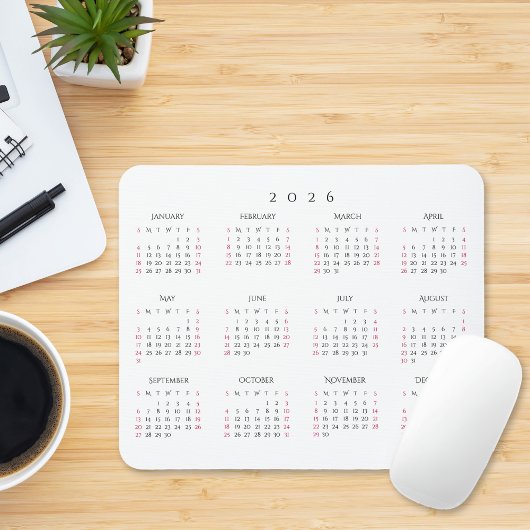 Simple Home Office 2026 Full Year Yearly Calendar Mousepad