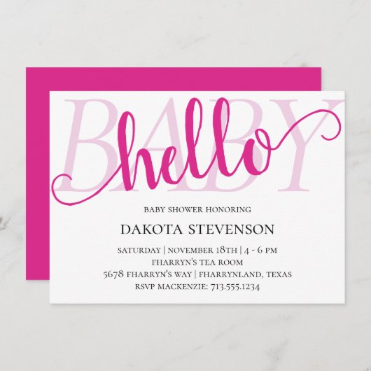 Simple Hot Pink Hello Baby | Magenta Script Shower Einladung (Vorne/Hinten)