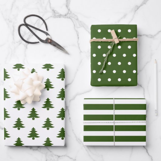 Simple Hunter Green White Christmas Trees gemischt Geschenkpapier Set (Vorderseite)