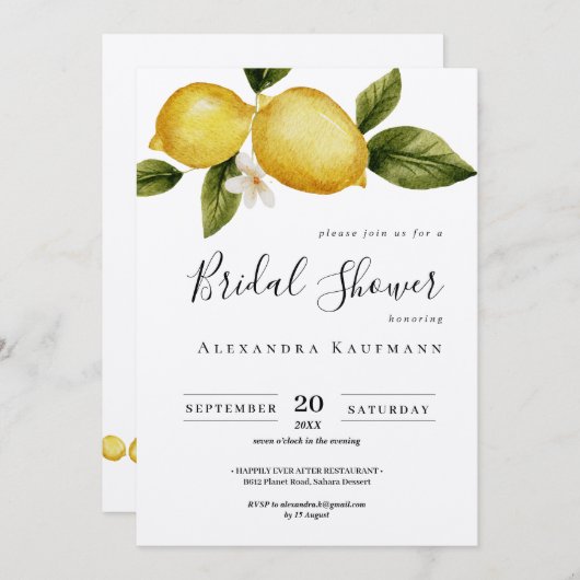 Simple Italia Lemon Calligraphy Brautparty Einladung (Vorne/Hinten)