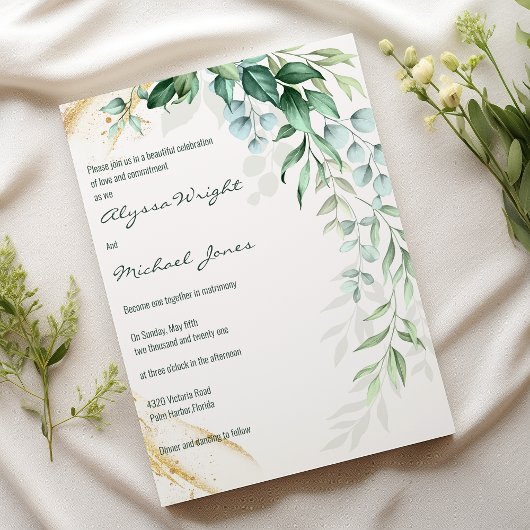 Simple ivory gold greenery leaf floral Wedding  Einladung