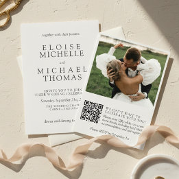 Simple Ivory Photo Classic QR Code Wedding Einladung
