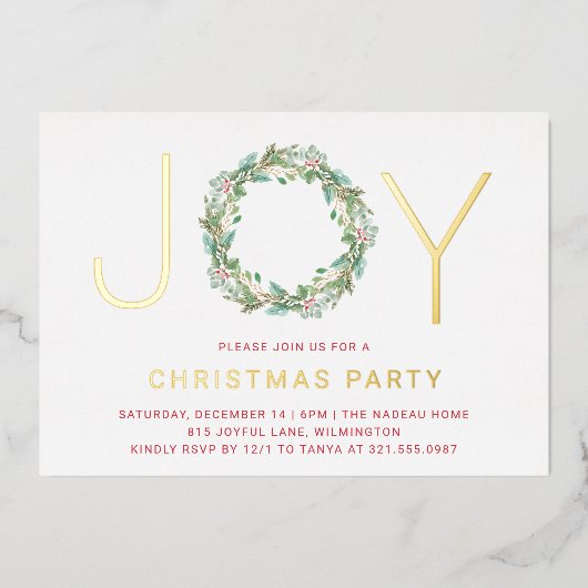 Simple Joy Wreath Elegantes Weihnachts-Party Folieneinladung (Vorderseite)