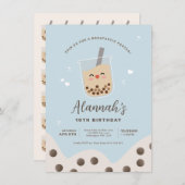 Simple Kawaii Boba Blubble Milk Tee Blue Birthday Einladung (Vorne/Hinten)
