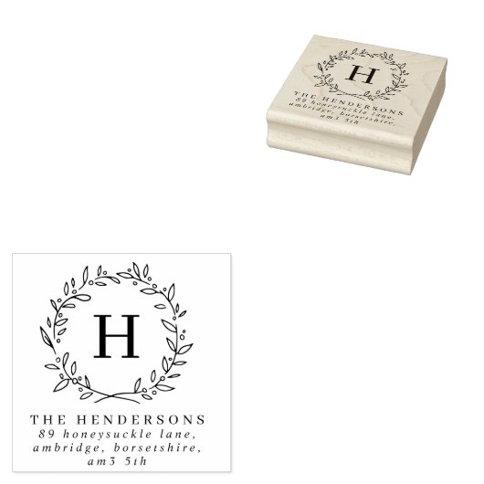 Simple Laurel Wreath Family Monogram-Adresse Gummistempel (Stempel)