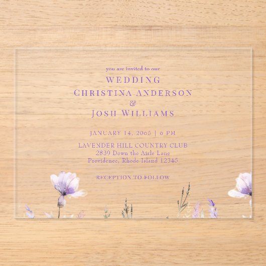 Simple Lavender Floral Wedding Acryleinladungen (Vorderseite)