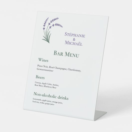 Simple Lavender Wedding Bar Menu Sockelschild (Vorderseite)