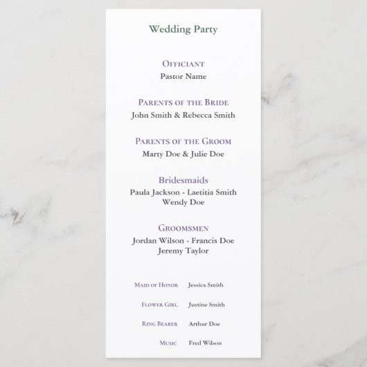Simple Lavender Wedding Ceremony Program Menükarte (Rückseite)