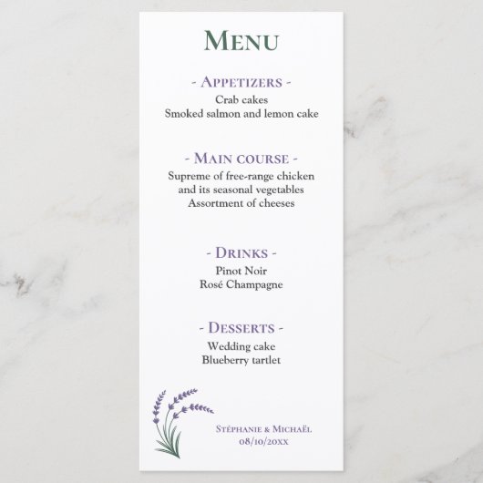 Simple Lavender Wedding Reception Menu Menükarte (Vorderseite)