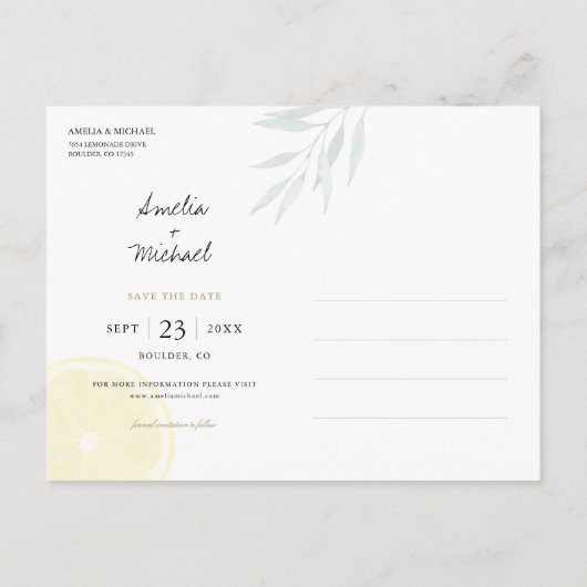 Simple Lemon Save the Date Ankündigungspostkarte (Rückseite)